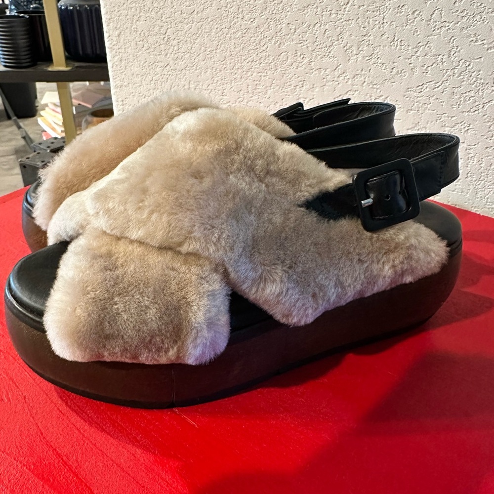 Paloma Barcelona Fur Platform Sandals - Cream and Brown - Picture 3 of 4